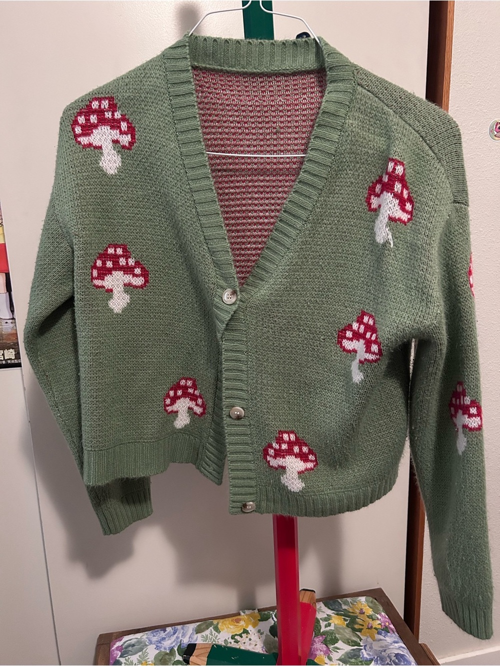 Green Mushroom Knit Button-Front Cardigan cottagecore - Picture 3 of 5